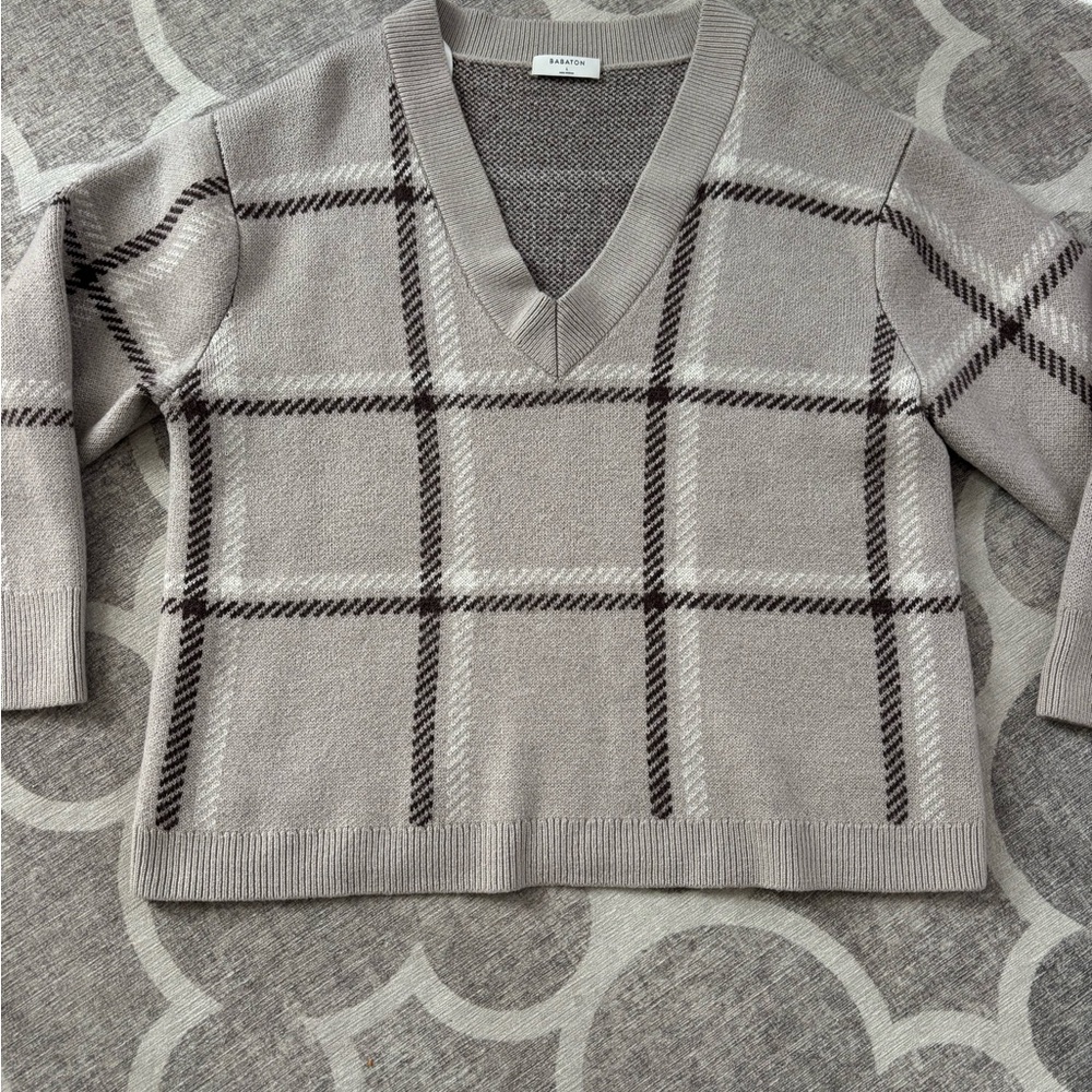 Babaton Plaid V-Neck Sweater - Taupe and Brown